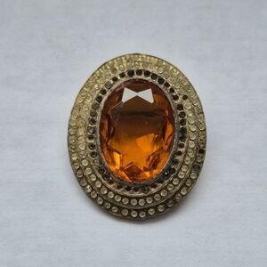 Vintage Amber Glass Oval Brooch Gold Tone Rhinestone Halo Open Back Pin